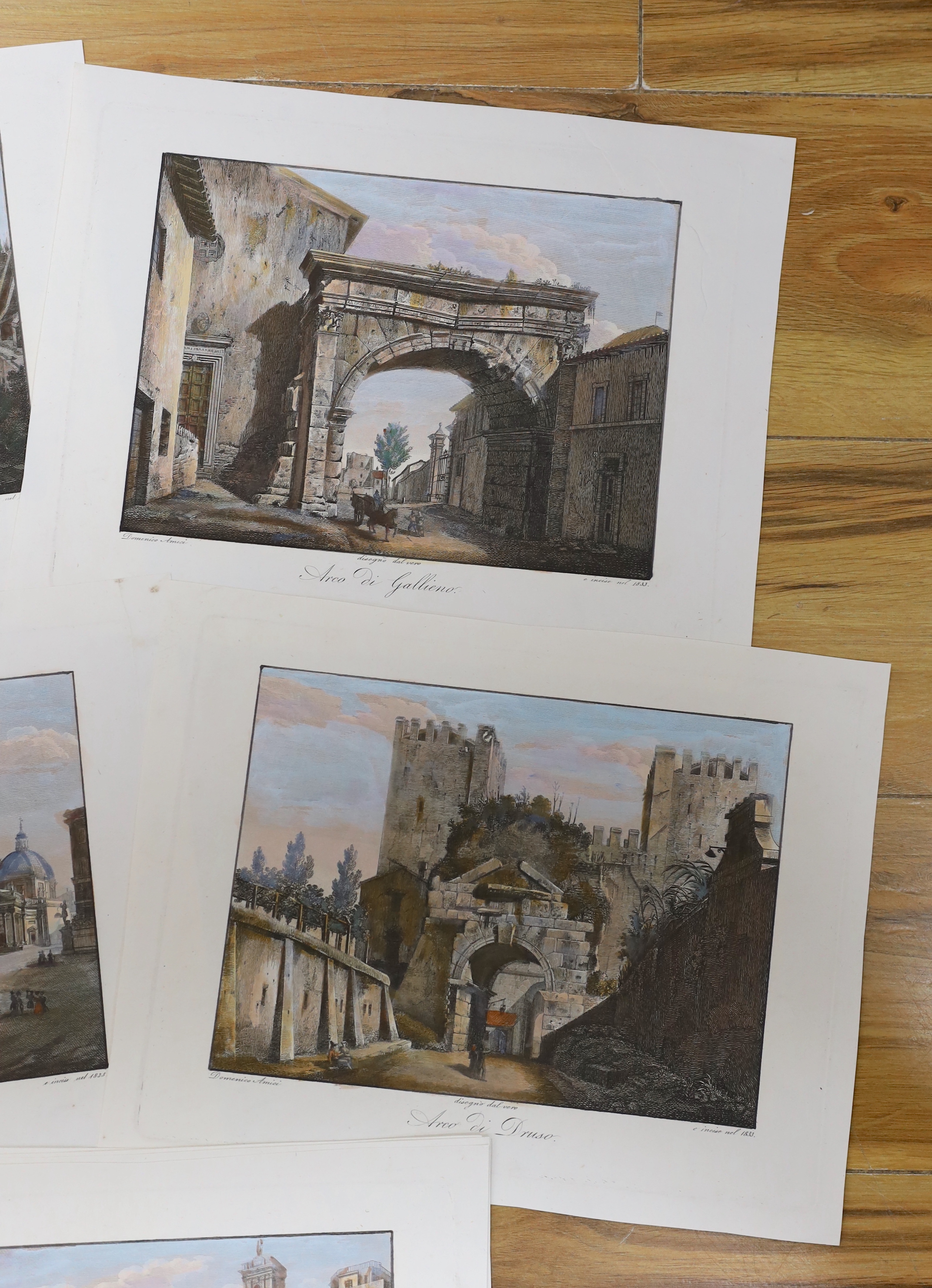 After Domenico Amici (Italian, b.1808), set of sixteen hand-coloured copper engravings, Italian monuments, each 33 x 25cm, unframed, housed in a leather wallet